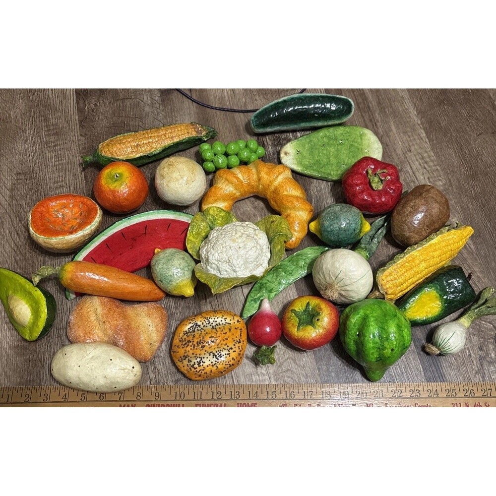 Huge Lot Vintage Paper Mache Fruit Bread Vegetables Set Colorful Funky 27 Piece